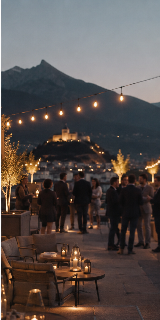 Rassemblement en soirée sur un rooftop, ambiance conviviale entre participants